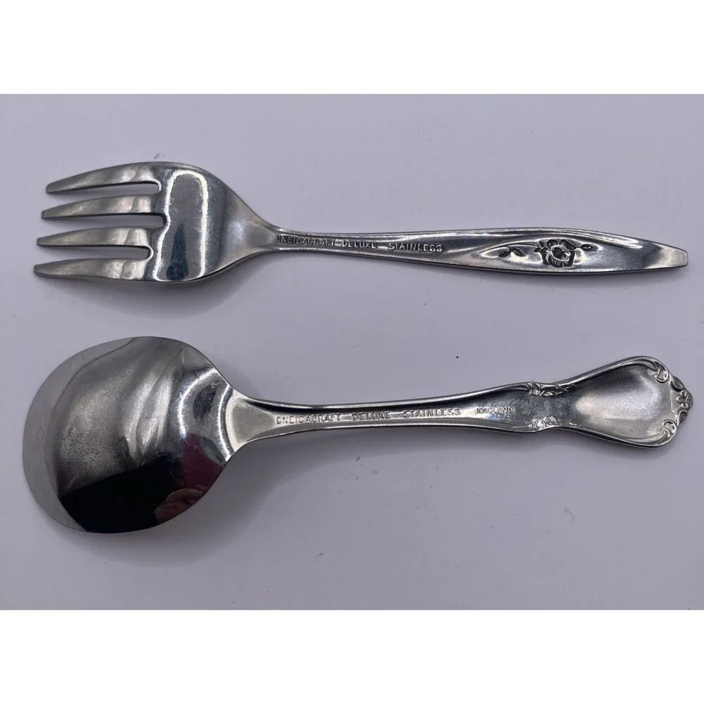 VTG Oneida Craft Deluxe England Stainless Child Toddler Rose Fork Scroll Spoon
